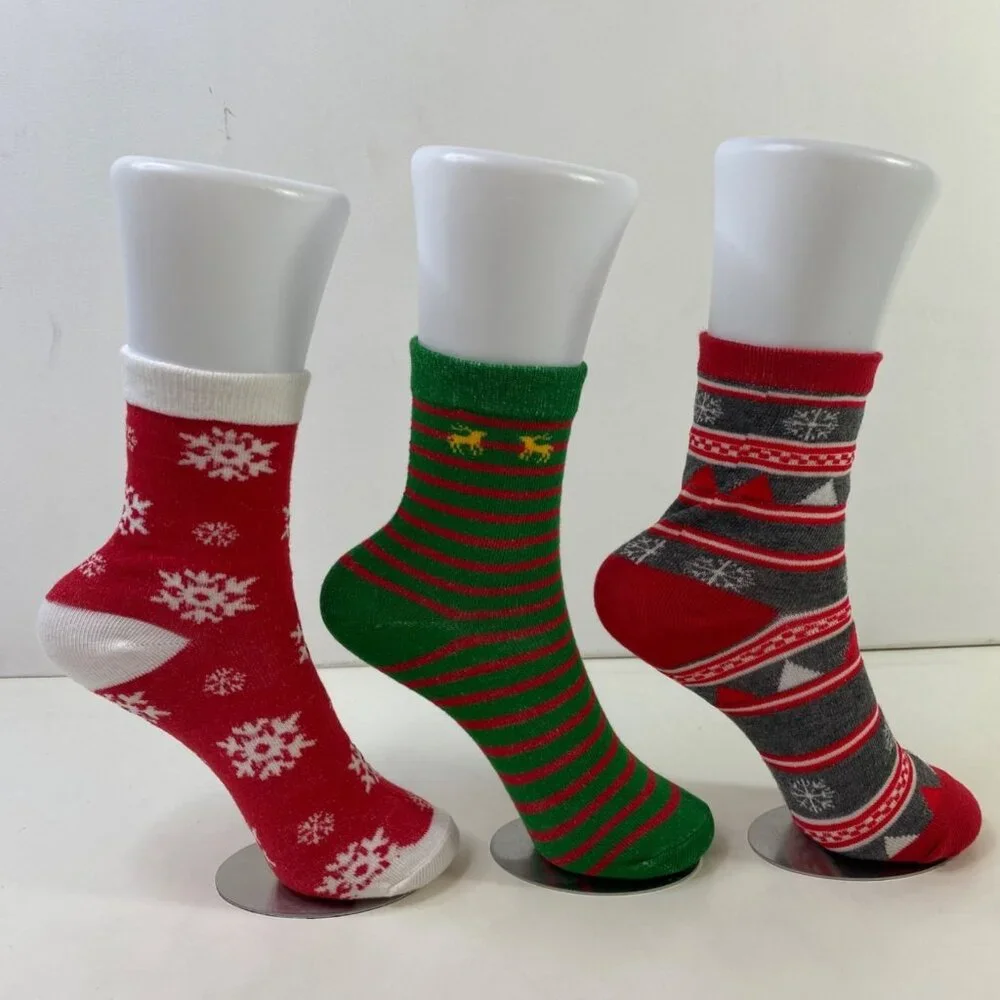 Set 3 Christmas Holiday Cozy Socks Festive Snowflakes Stripes & Reindeer